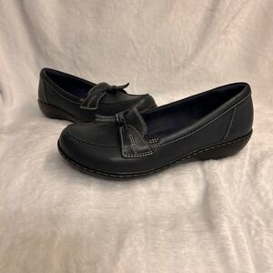 Clarks Womens Leather Loafers Navy Blue Low Wedge Slip On Comfort Shoes 7.5